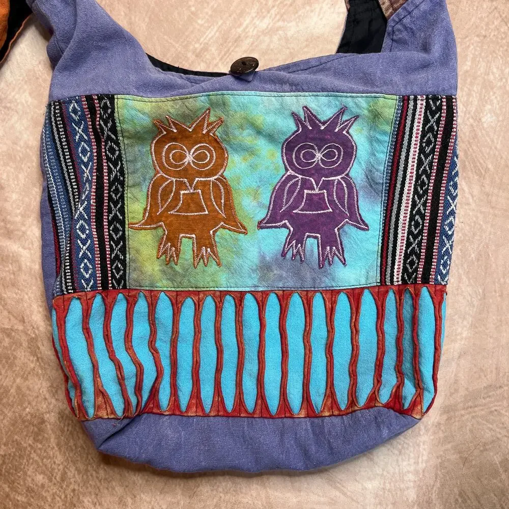 Multicolor Distressed Patchwork Embroidered Owl Tote Bag Tie Dye Tapestry Boho
